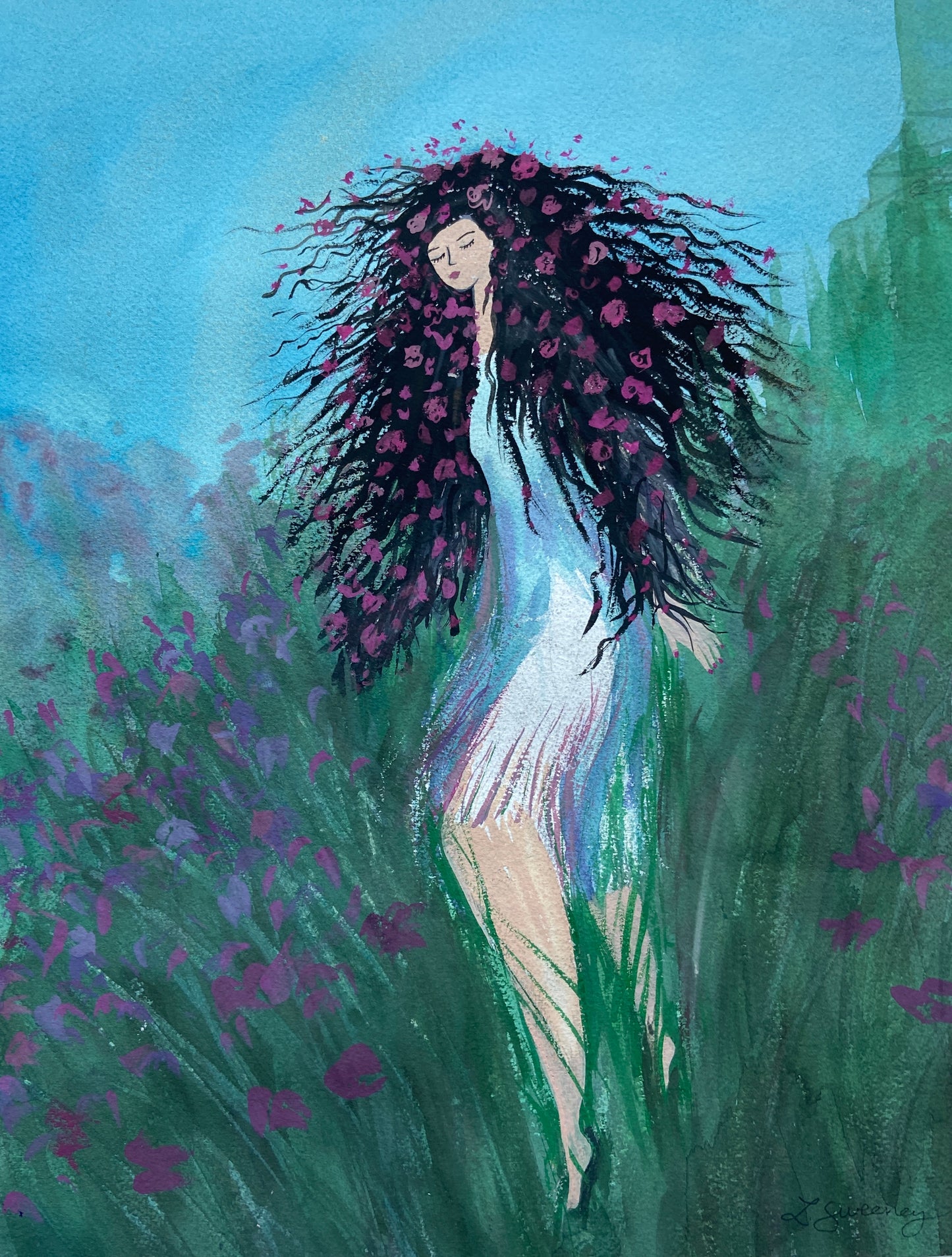 Girl in the Meadow - Watercolor Painting